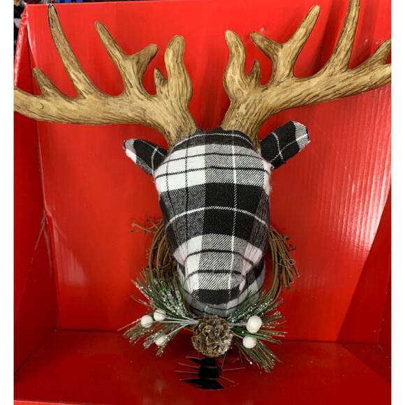 Plaid Deer Head Country Christmas Tree Topper 11.5" Black & White Holiday Decor - Picture 2 of 6